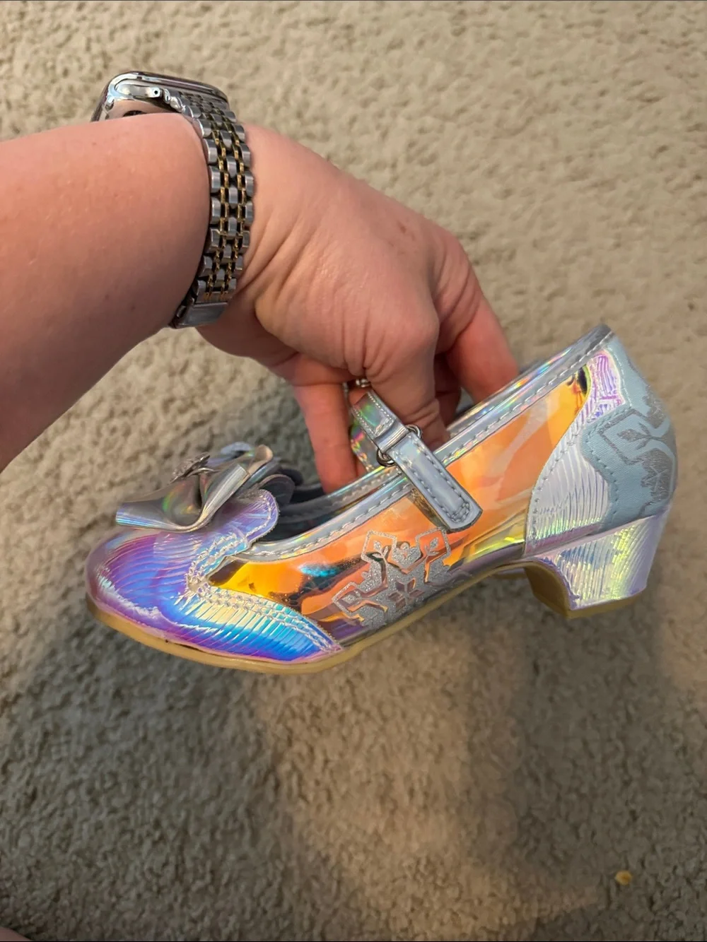 Disney Girls' Holographic Silver Frozen Heels with Bow
